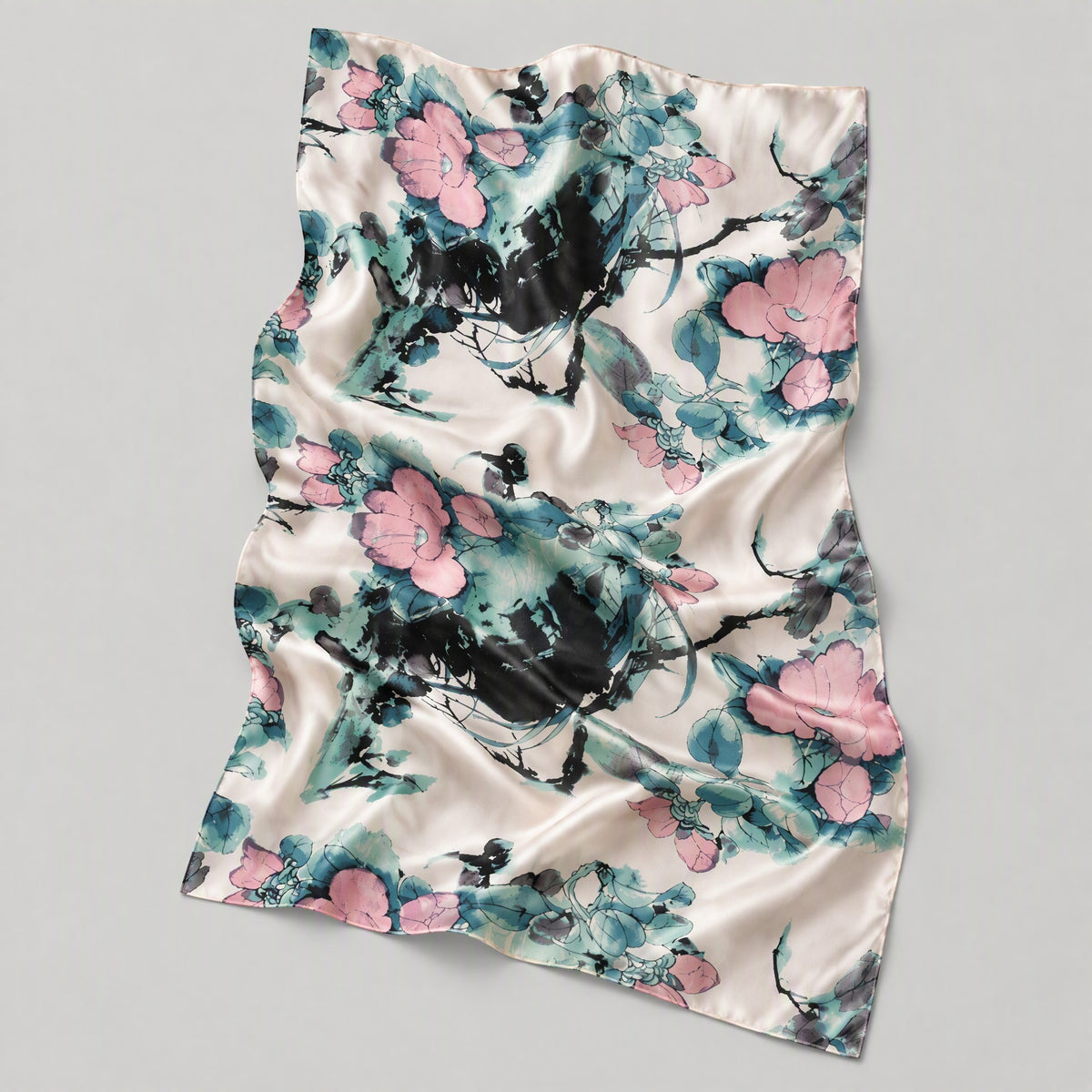 Ink Wash Peach Blossom Mulberry Silk Scarf – 69 x 43 in