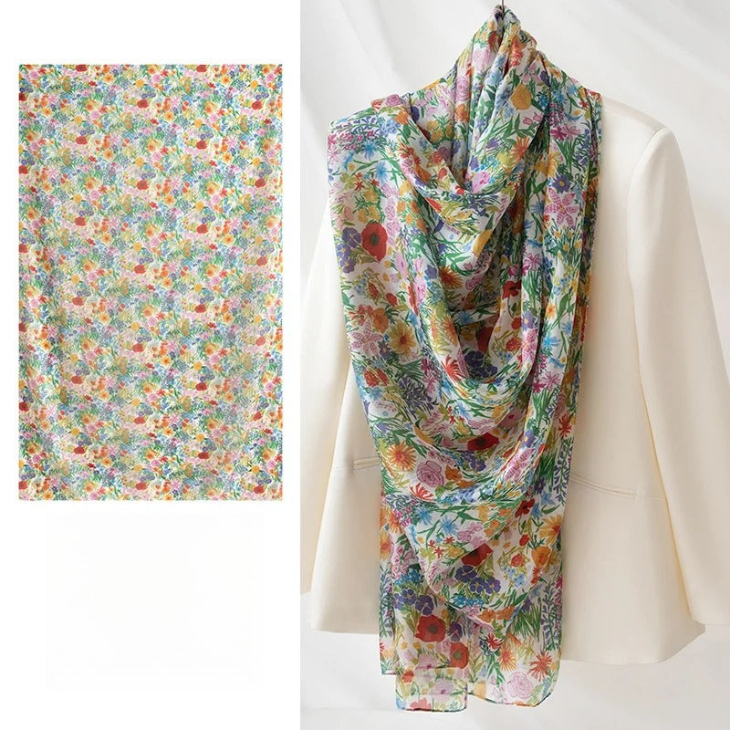 Long 100% Mulberry Silk Scarf – Bohemian Floral Lightweight Shawl, 43 x 69 in