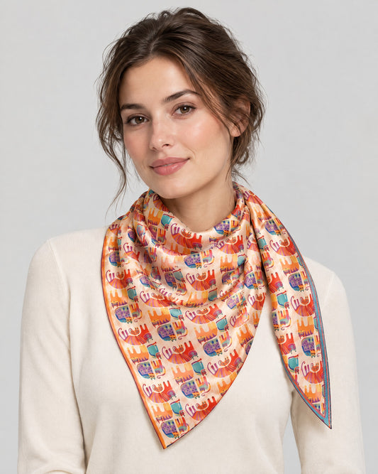 Orange Cartoon Cat Mulberry Silk Scarf – 69 x 43 in