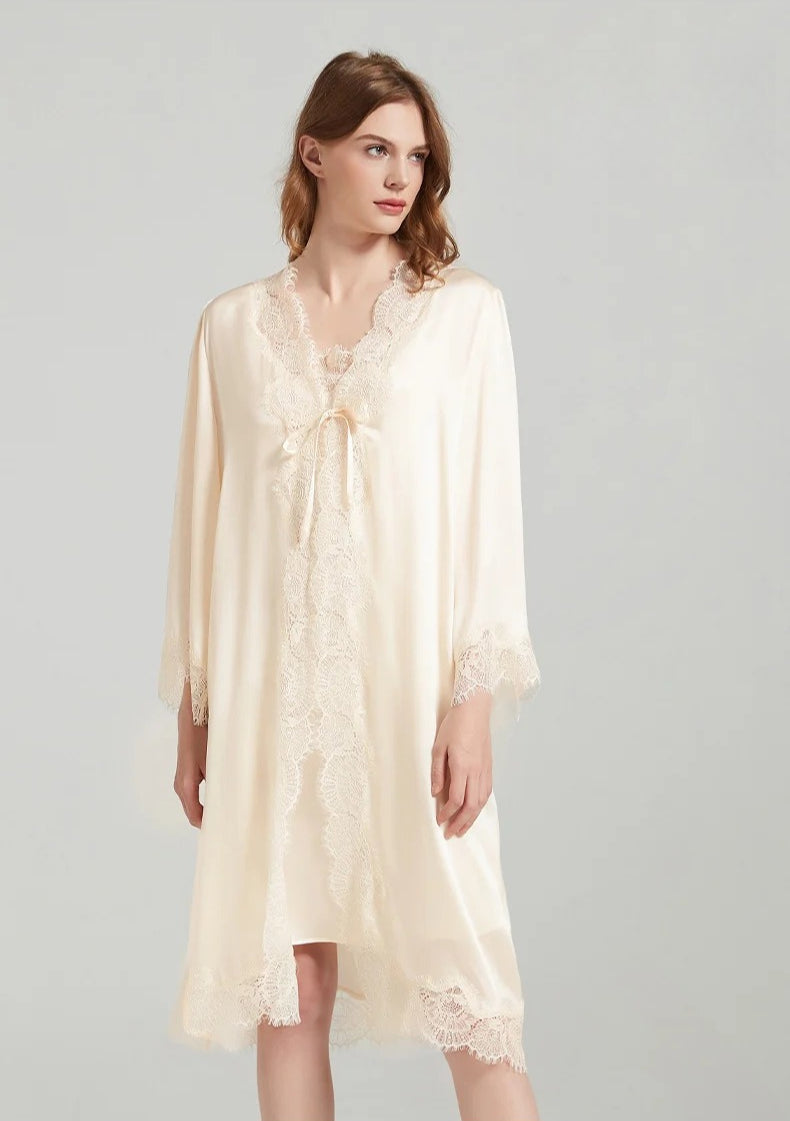 Lace-Trim 100% Mulberry Silk Robe & Camisole Set – Women's Sleepwear Loungewear