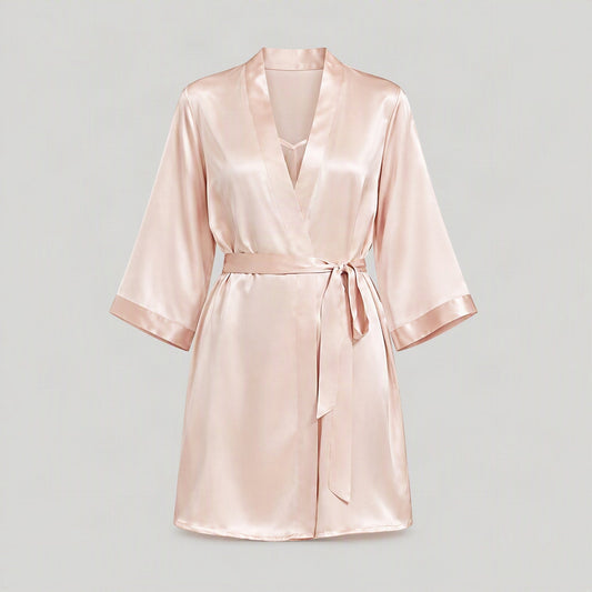 Mulberry silk robe and camisole set laid flat