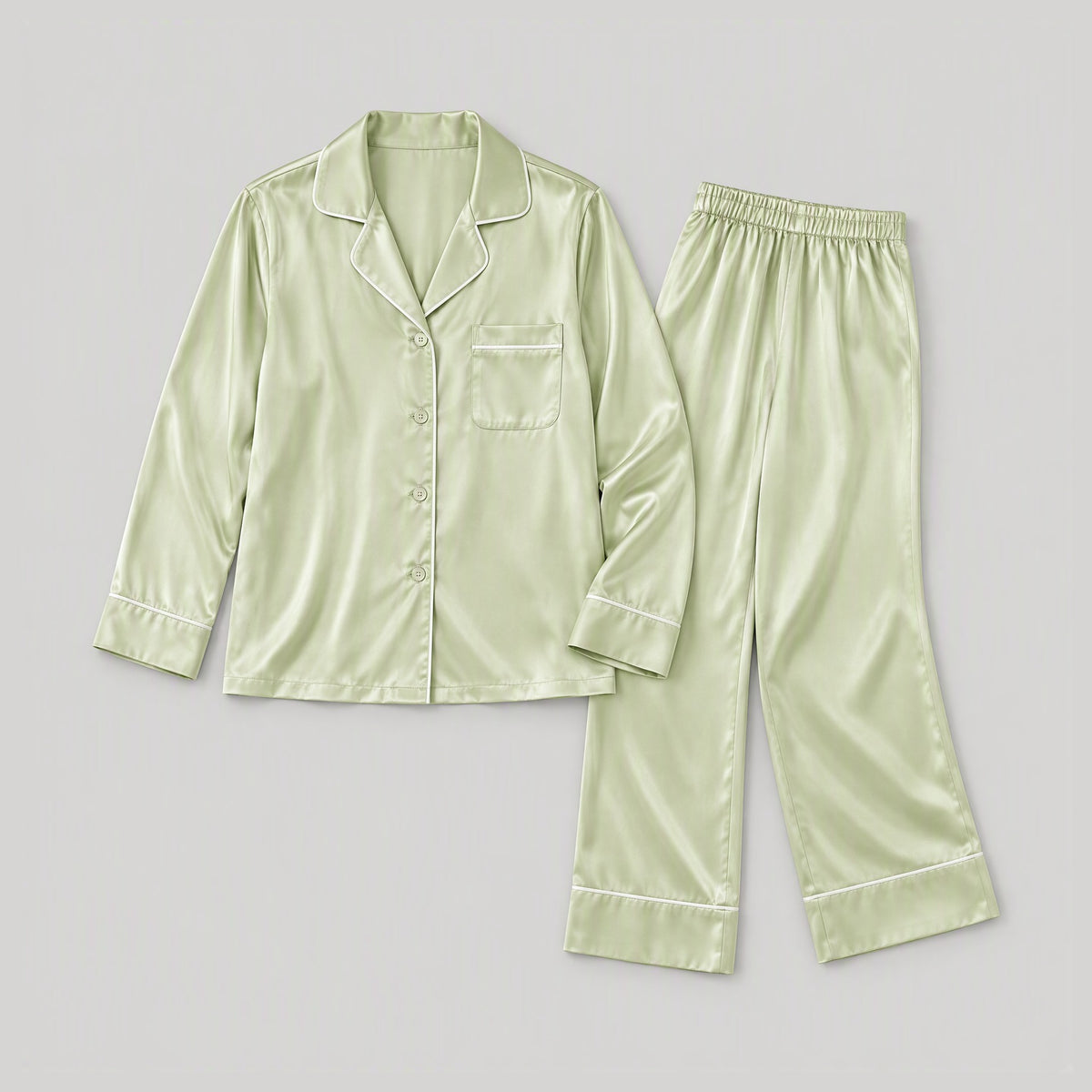 16 Momme Long Sleeve 100% Mulberry Silk Pajama Set – Button-Up with Contrast Piping