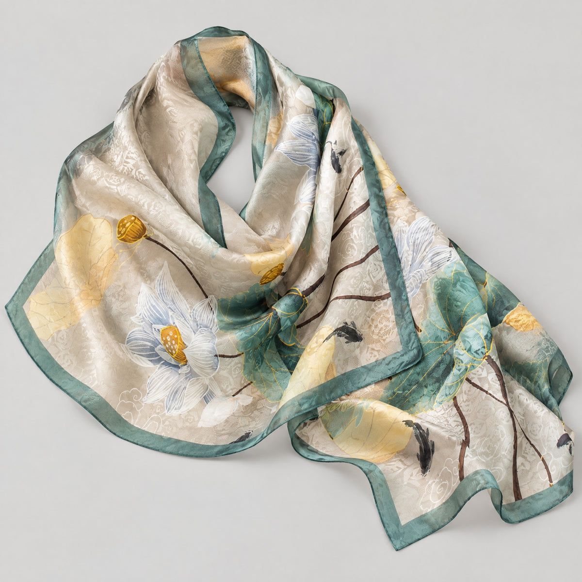 Jade Lotus Mulberry Silk Long Scarf – 22 x 67 in