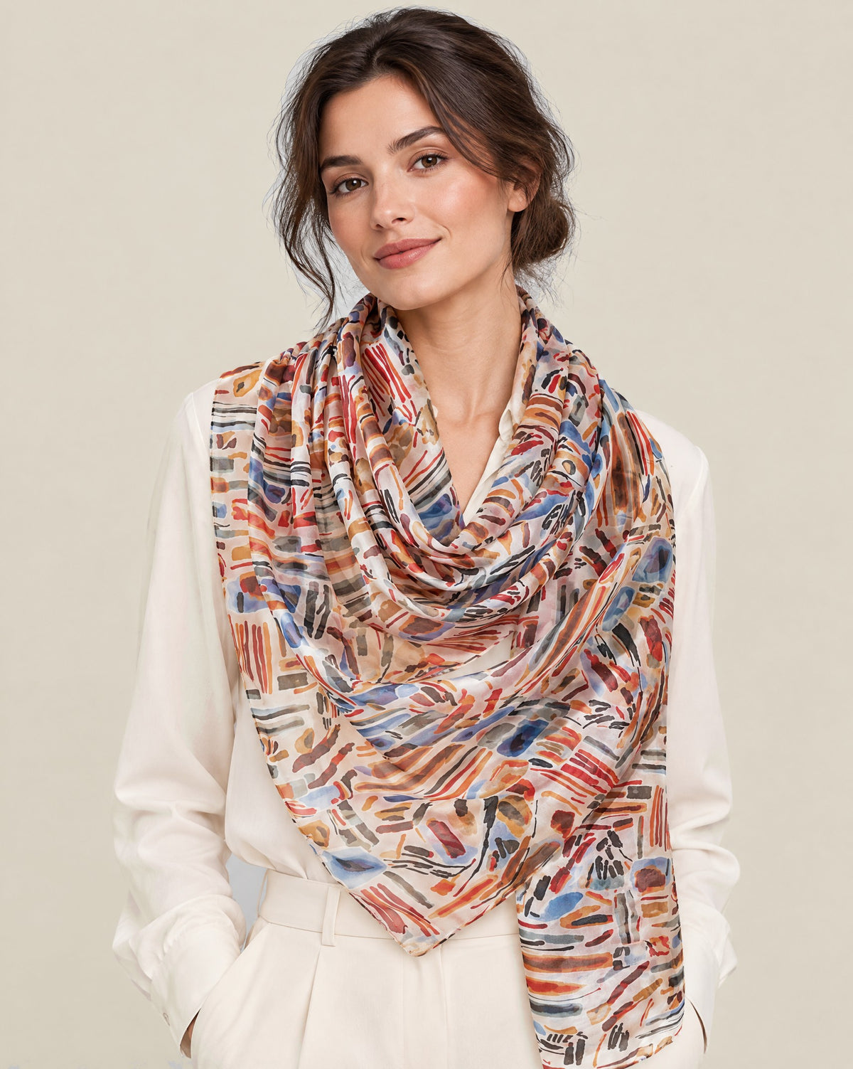 Woman wearing Doodle stripe mulberry silk scarf, 69 x 43 in