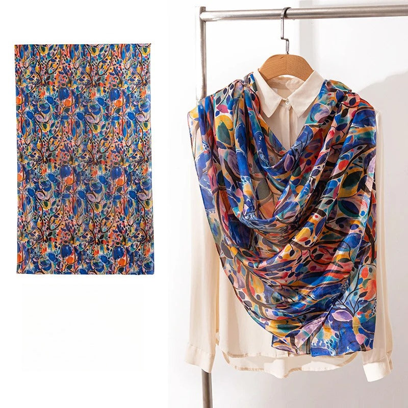 Long 100% Mulberry Silk Scarf – Bohemian Floral Lightweight Shawl, 43 x 69 in