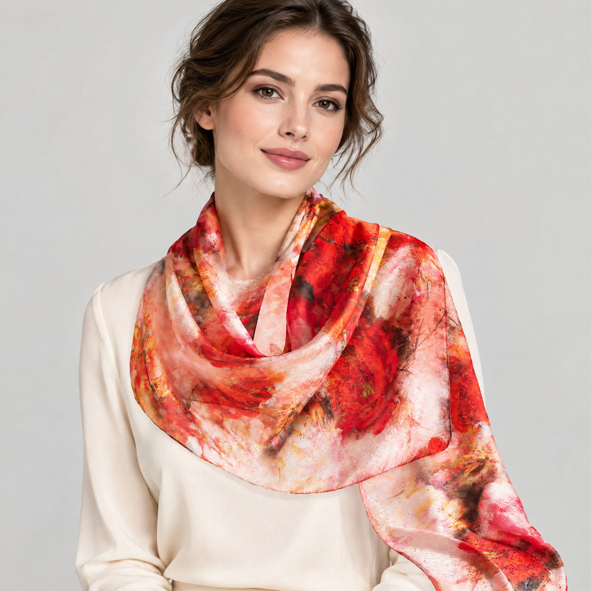 Red Peony Mulberry Silk Long Scarf – 22 x 67 in