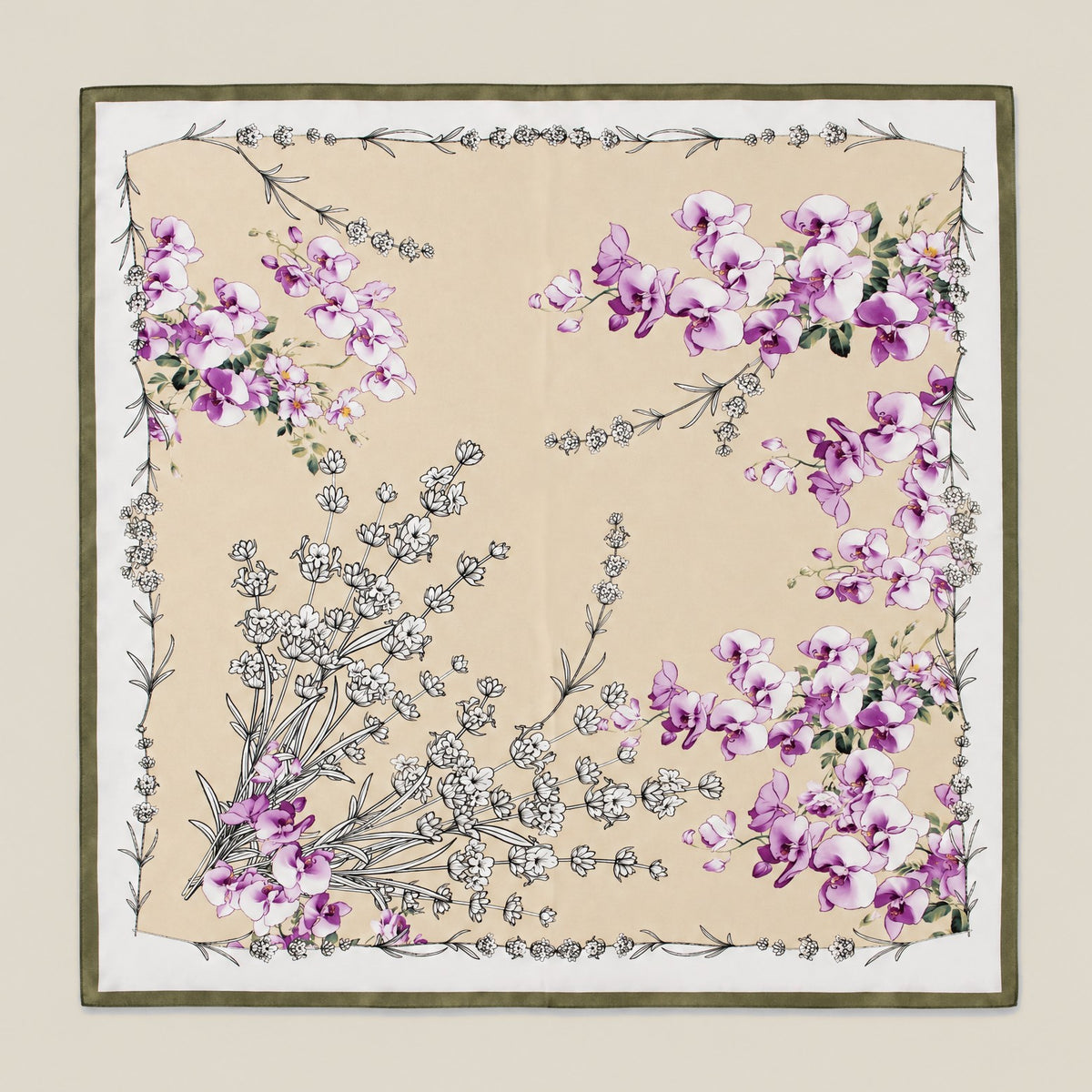 Khaki Purple Small Flower mulberry silk square scarf
