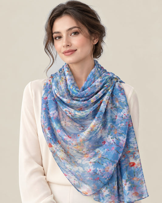 Woman wearing Blue small floral mulberry silk scarf