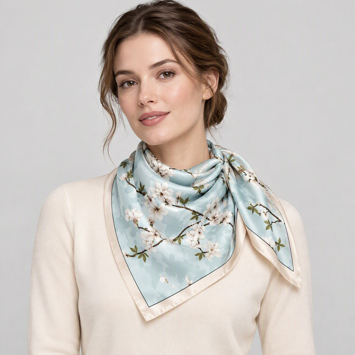 Light Blue Floral Branch Mulberry Silk Square Scarf – 21 x 21 in