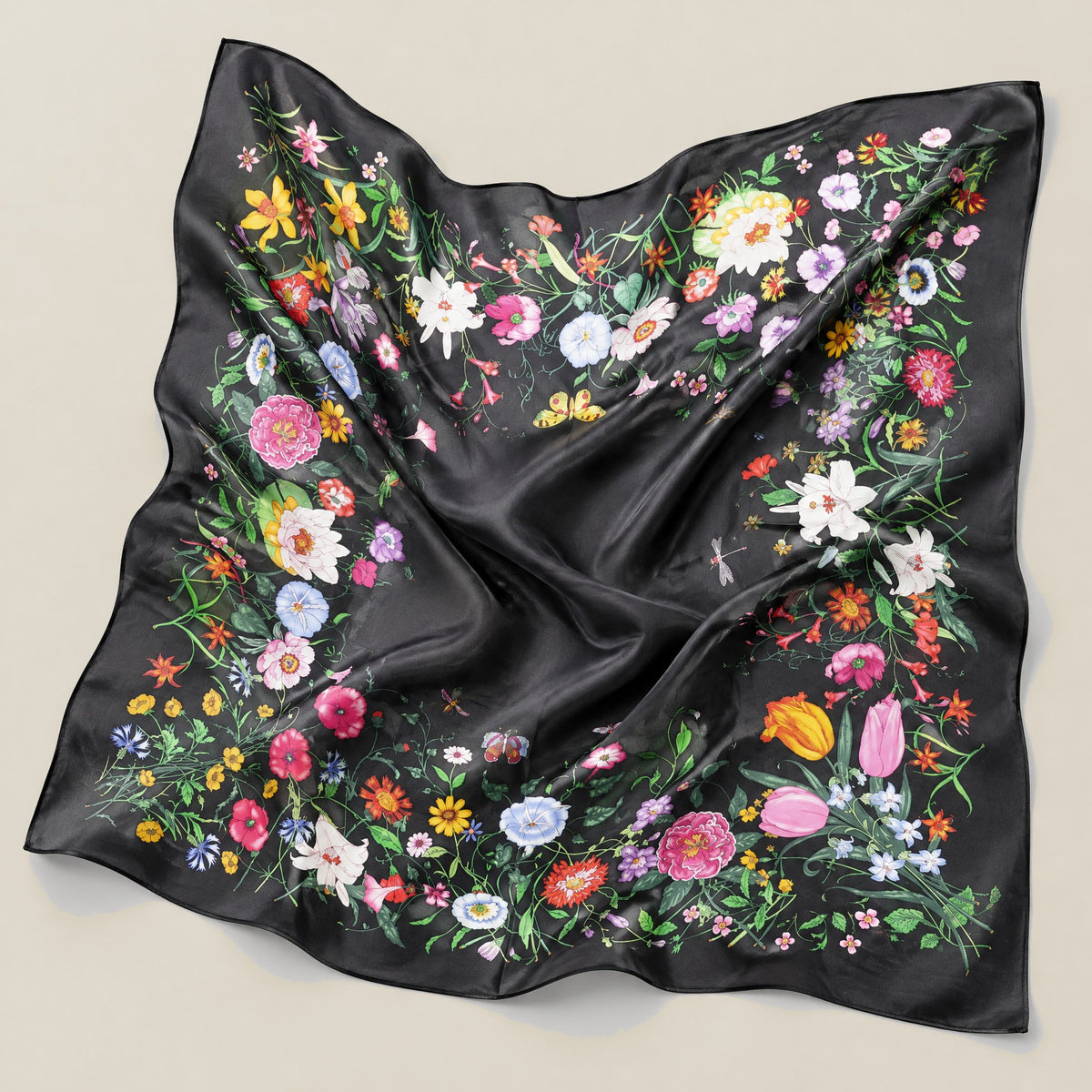 Floral Night Whisper mulberry silk square scarf detail showing silk texture and print