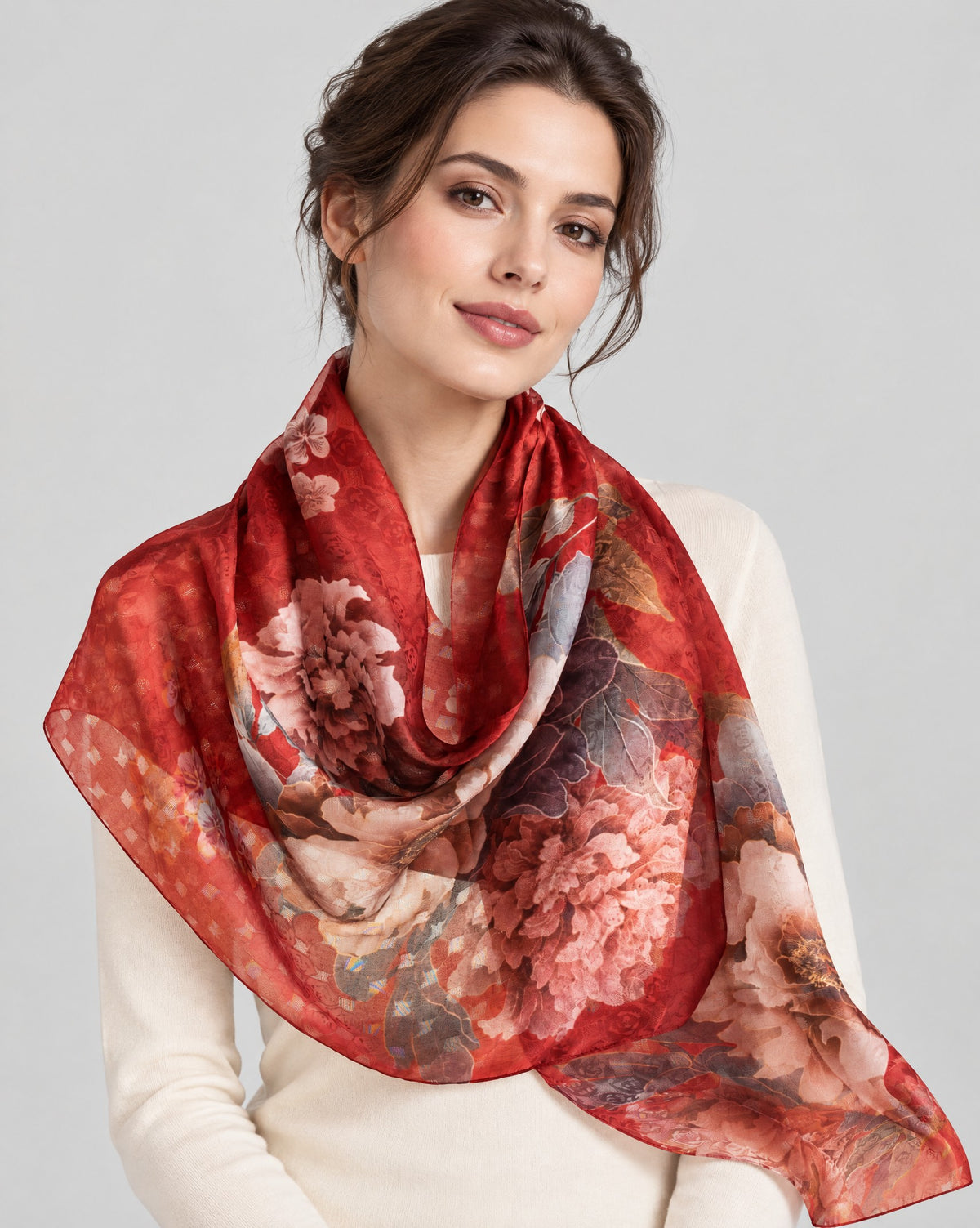 Red Floral Cluster Mulberry Silk Long Scarf – 22 x 67 in