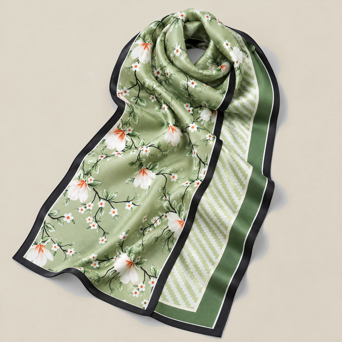 Spring Scenery slim mulberry silk scarf detail showing silk texture and print