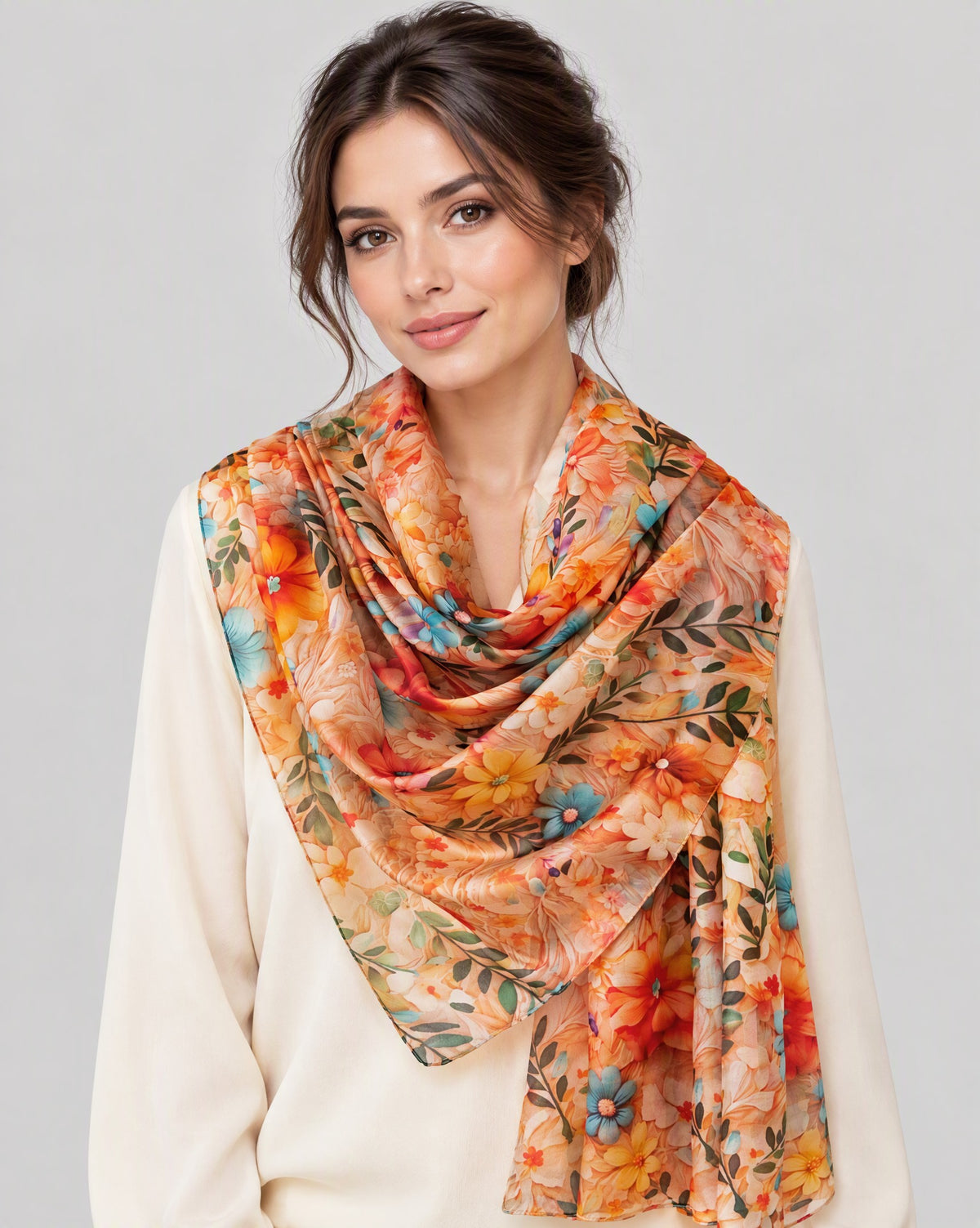 Orange Small Floral Mulberry Silk Scarf – 69 x 43 in