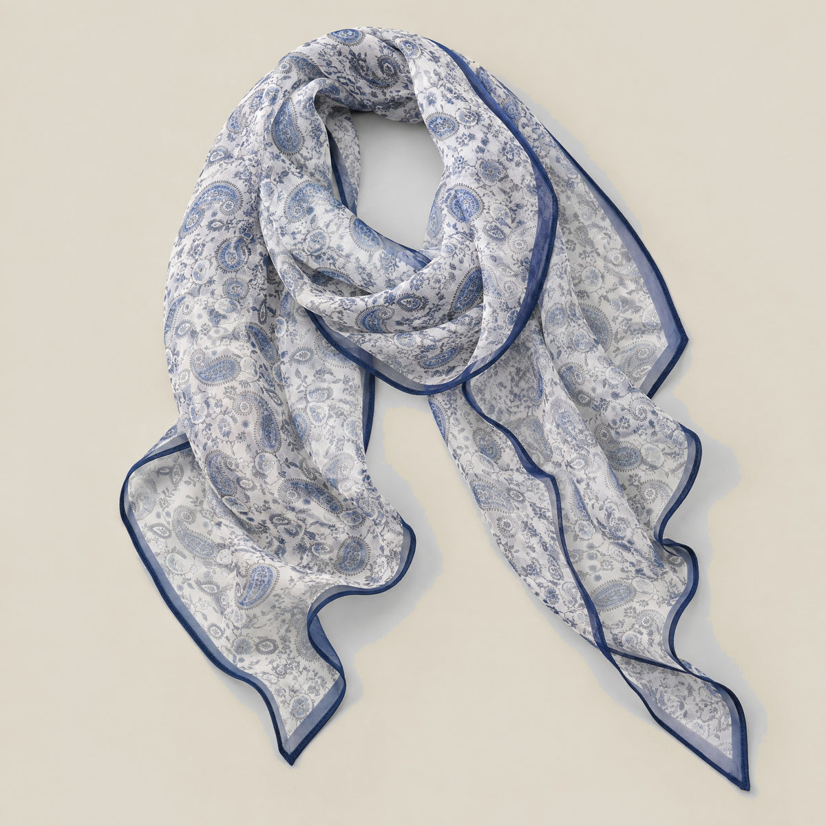 Blue cashew print mulberry silk scarf detail showing silk texture and print