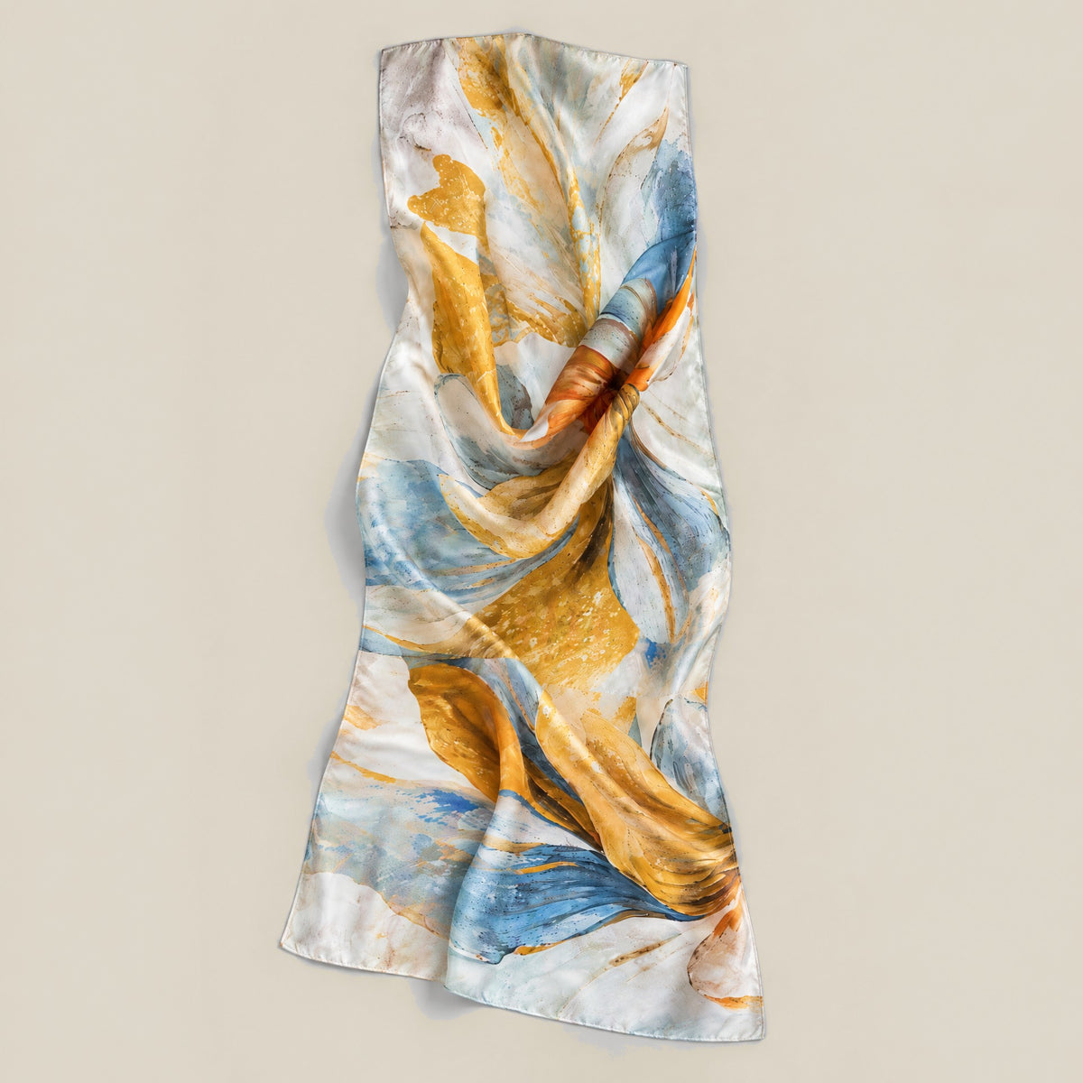 Sunlit bloom floral mulberry silk scarf, 22 x 67 in detail showing silk texture and print