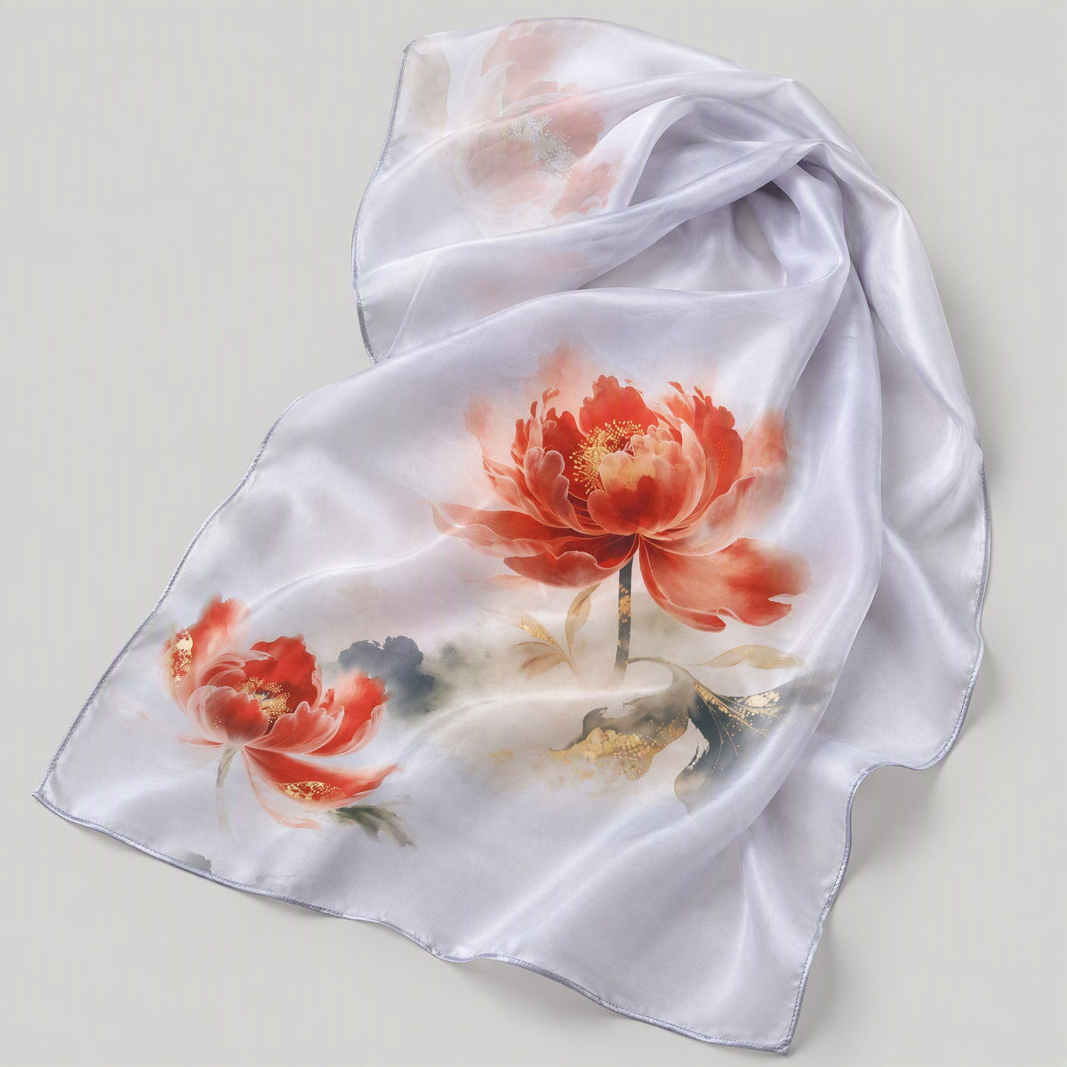 Celestial Peony Mulberry Silk Long Scarf – 22 x 68 in