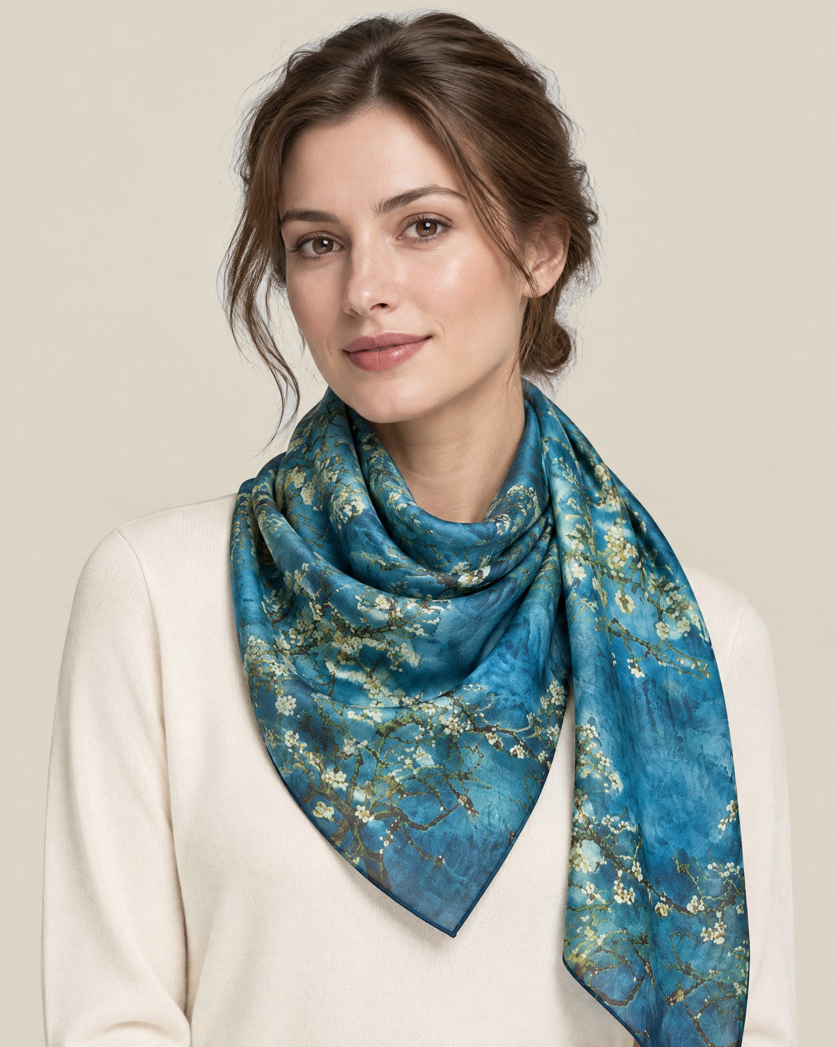 Woman wearing Blue plum branch mulberry silk scarf