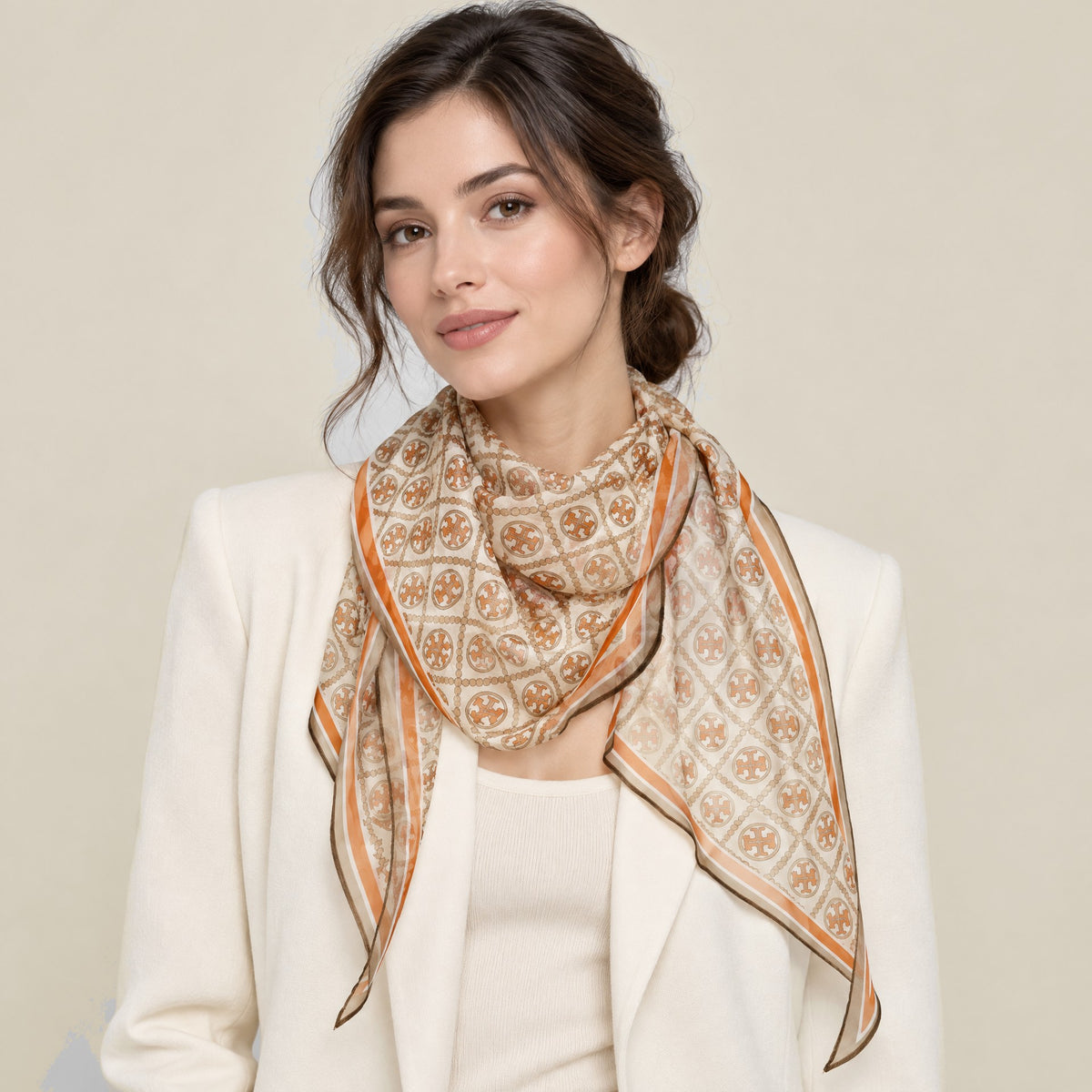 Woman wearing Time Imprint mulberry silk scarf