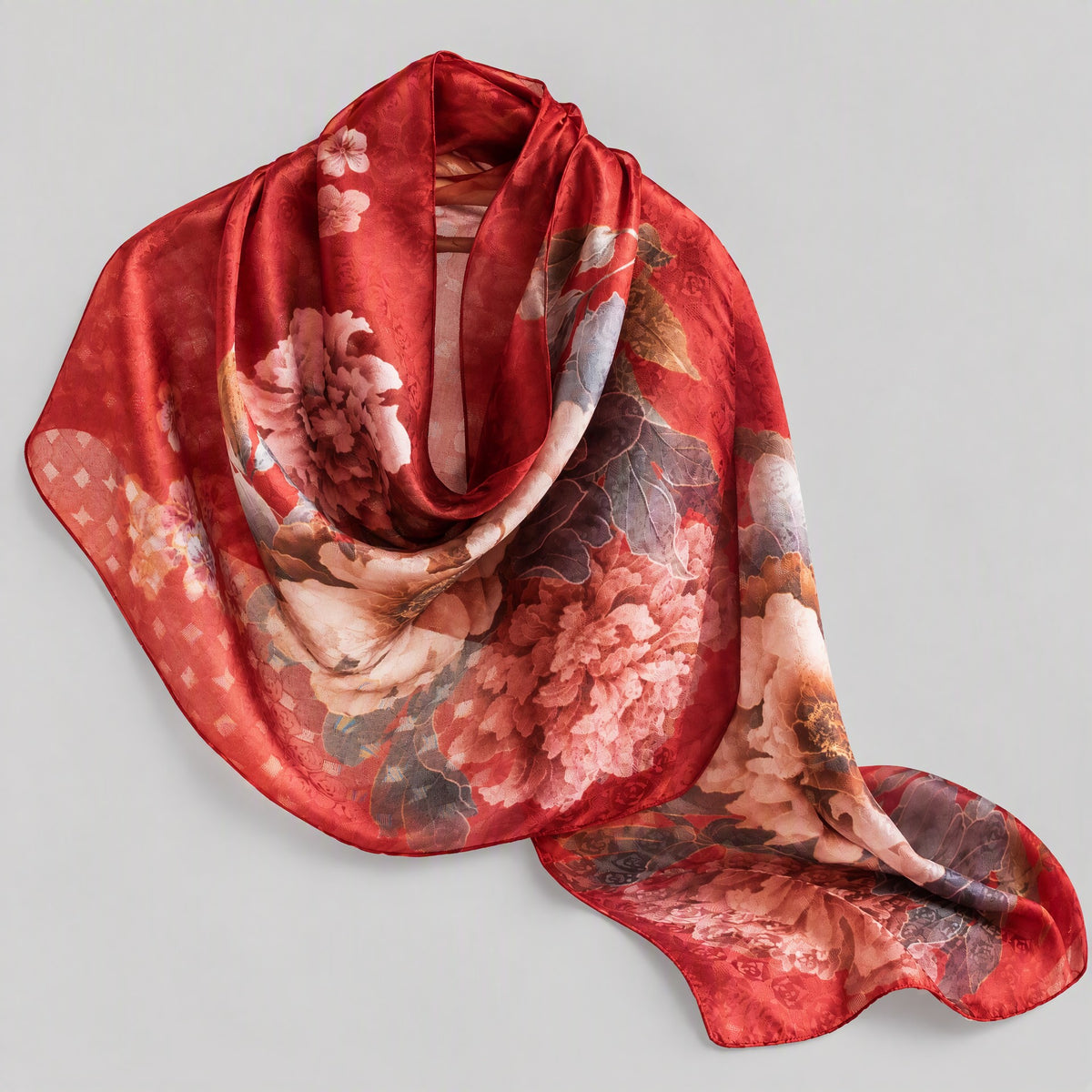 Red Floral Cluster Mulberry Silk Long Scarf – 22 x 67 in