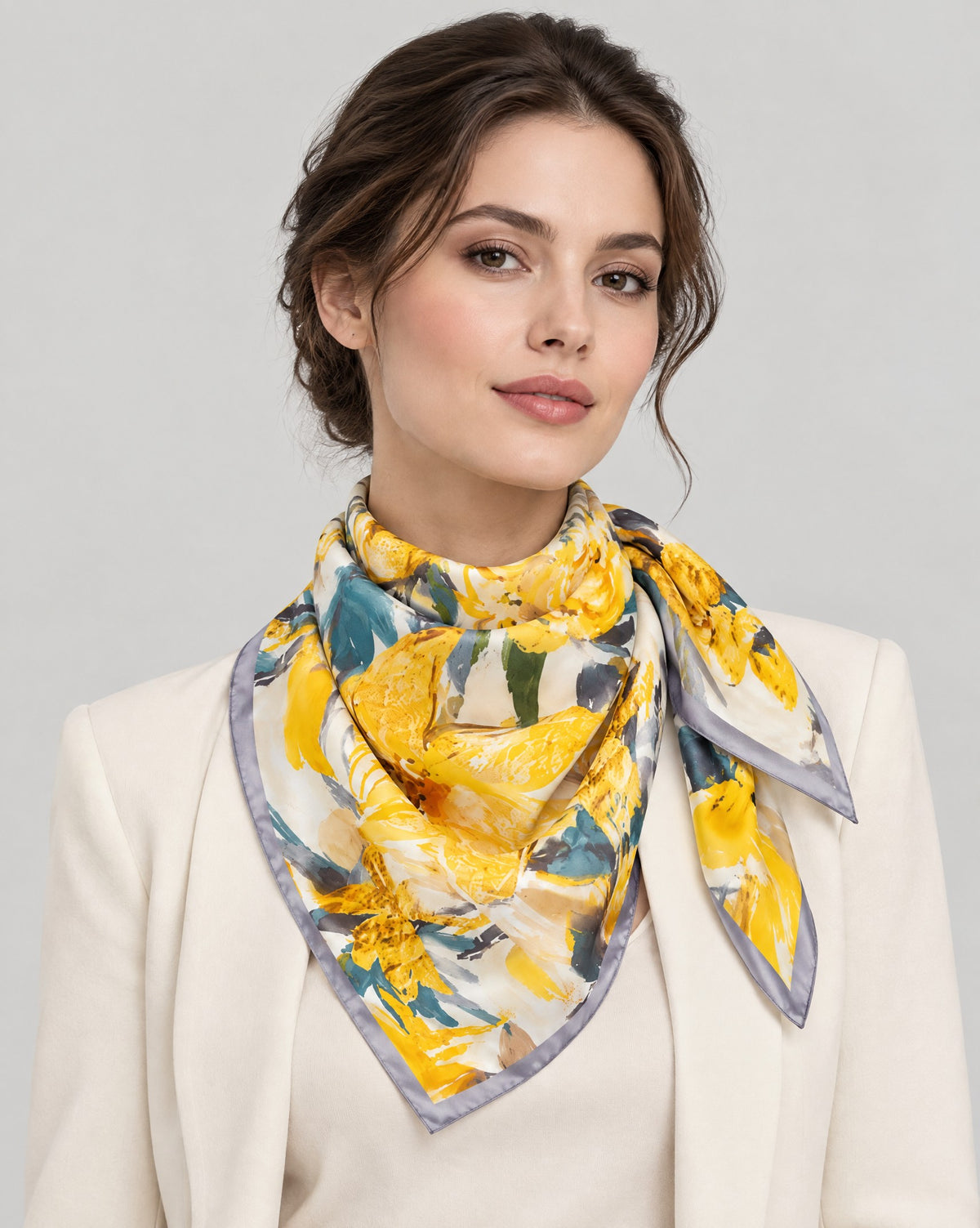 Yellow Floral Mulberry Silk Square Scarf – 21 x 21 in