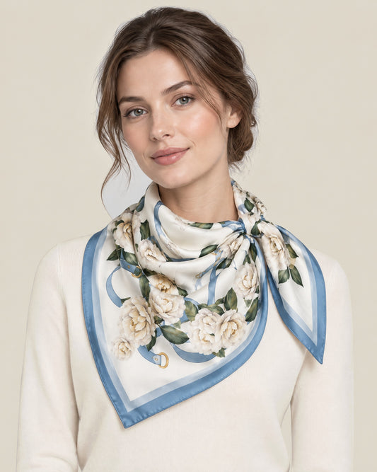 Woman wearing Blue Lily Floral mulberry silk square scarf