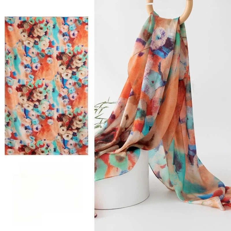 Long 100% Mulberry Silk Scarf – Bohemian Floral Lightweight Shawl, 43 x 69 in