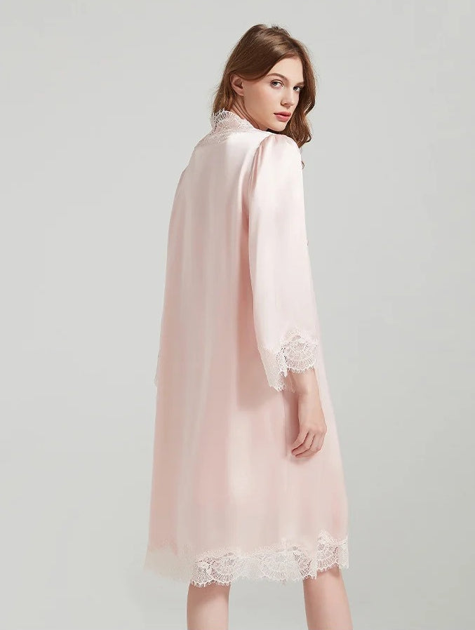 Lace-Trim 100% Mulberry Silk Robe & Camisole Set – Women's Sleepwear Loungewear