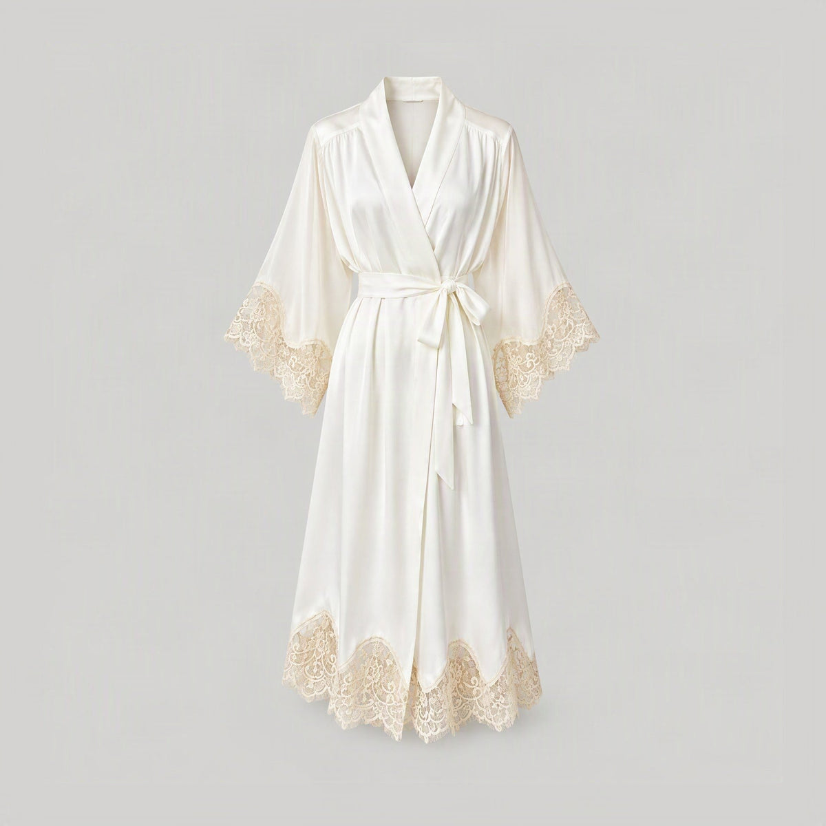 Ivory mulberry silk robe with cream lace-trimmed bell sleeves and hem, shown on its own