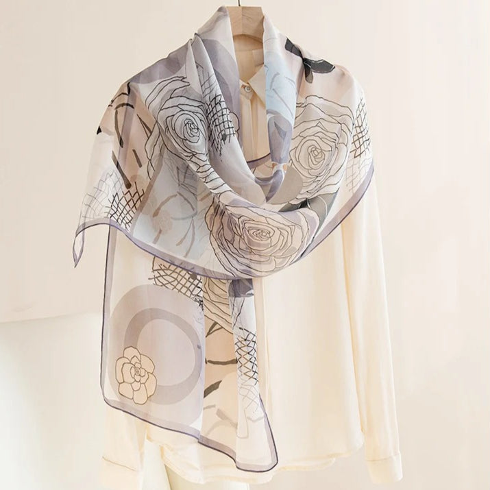 Long 100% Mulberry Silk Scarf – Botanical Print Lightweight Shawl, 16 x 63 in