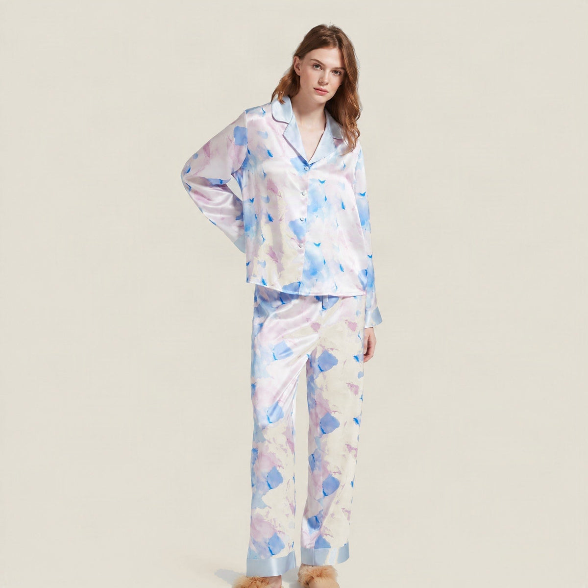 Watercolor Print 19 Momme Long Sleeve 100% Mulberry Silk Pajama Set – Watercolour Print with Pants