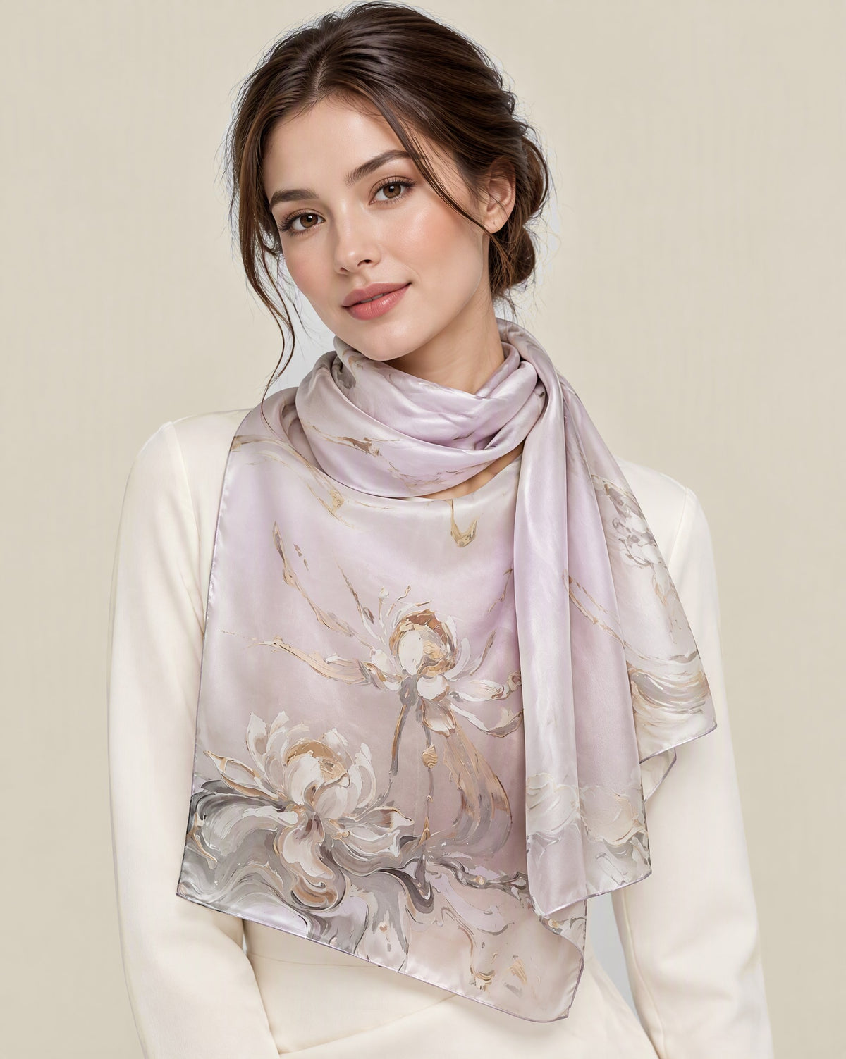 Woman wearing Lotus Rhyme mulberry silk scarf