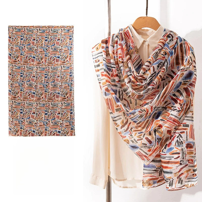 Long 100% Mulberry Silk Scarf – Bohemian Floral Lightweight Shawl, 43 x 69 in