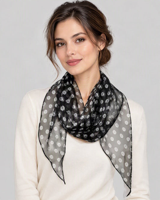 Water Wave Dot Mulberry Silk Long Scarf – 13 x 63 in, worn tied at the neck over a cream top