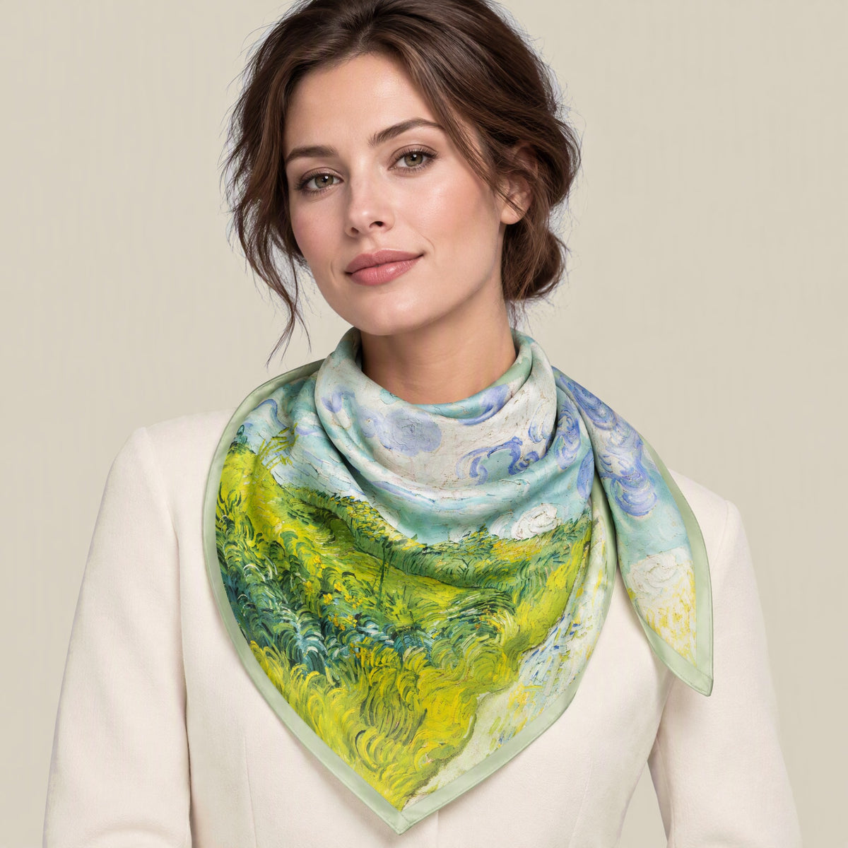 Woman wearing Oil Painting Prairie mulberry silk square scarf