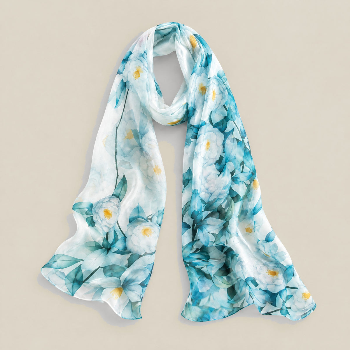 Blue green camellia mulberry silk scarf, 22 x 67 in detail showing silk texture and print