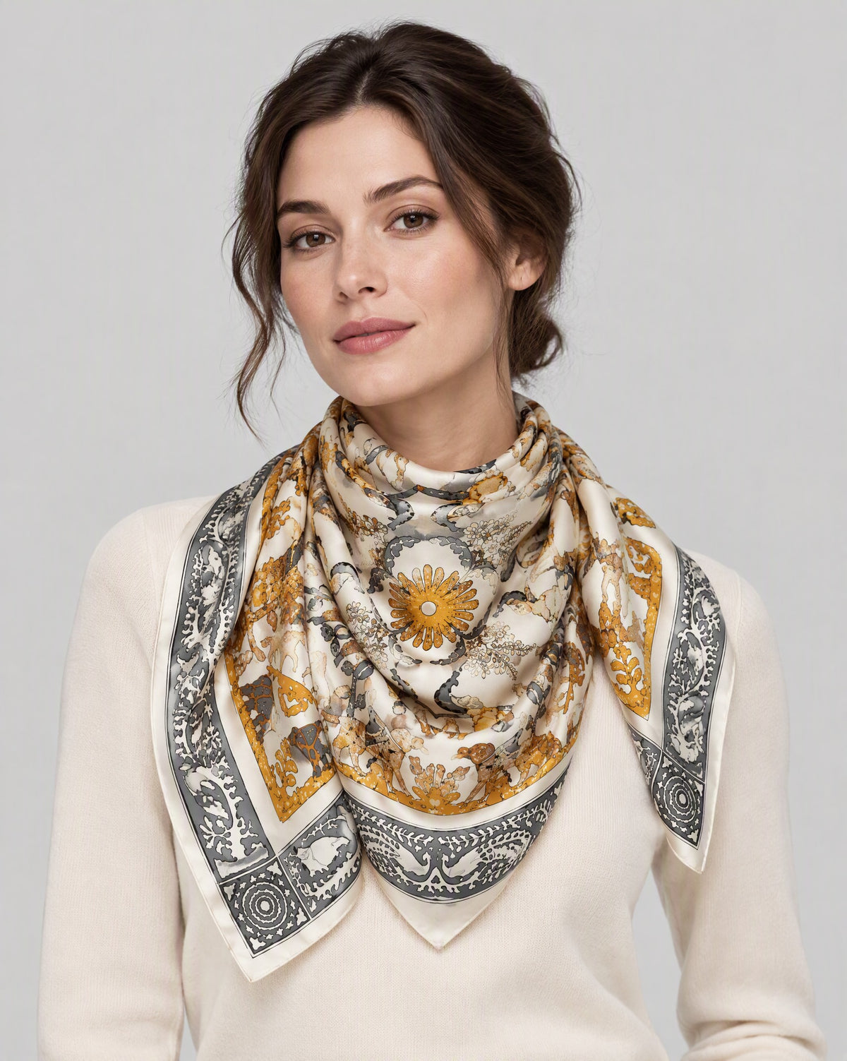 Beige Animal Motif Mulberry Silk Square Scarf – 34 x 34 in