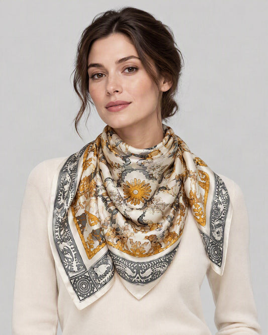 Beige Animal Motif Mulberry Silk Square Scarf – 34 x 34 in, worn tied at the neck over a cream top