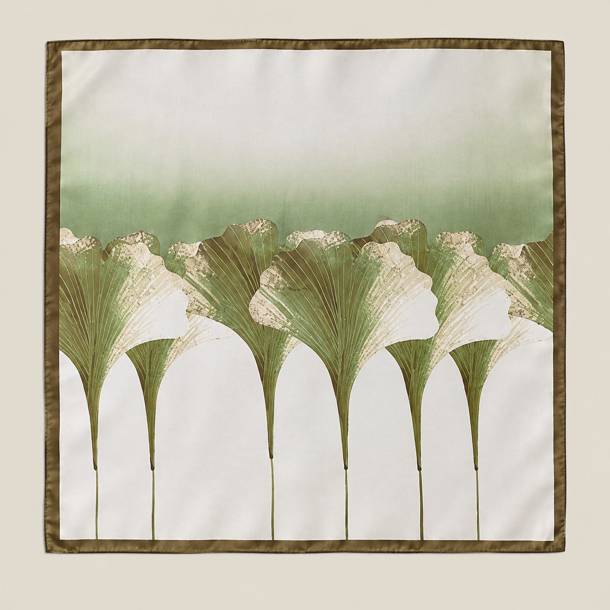 Dark Green Ginkgo mulberry silk square scarf