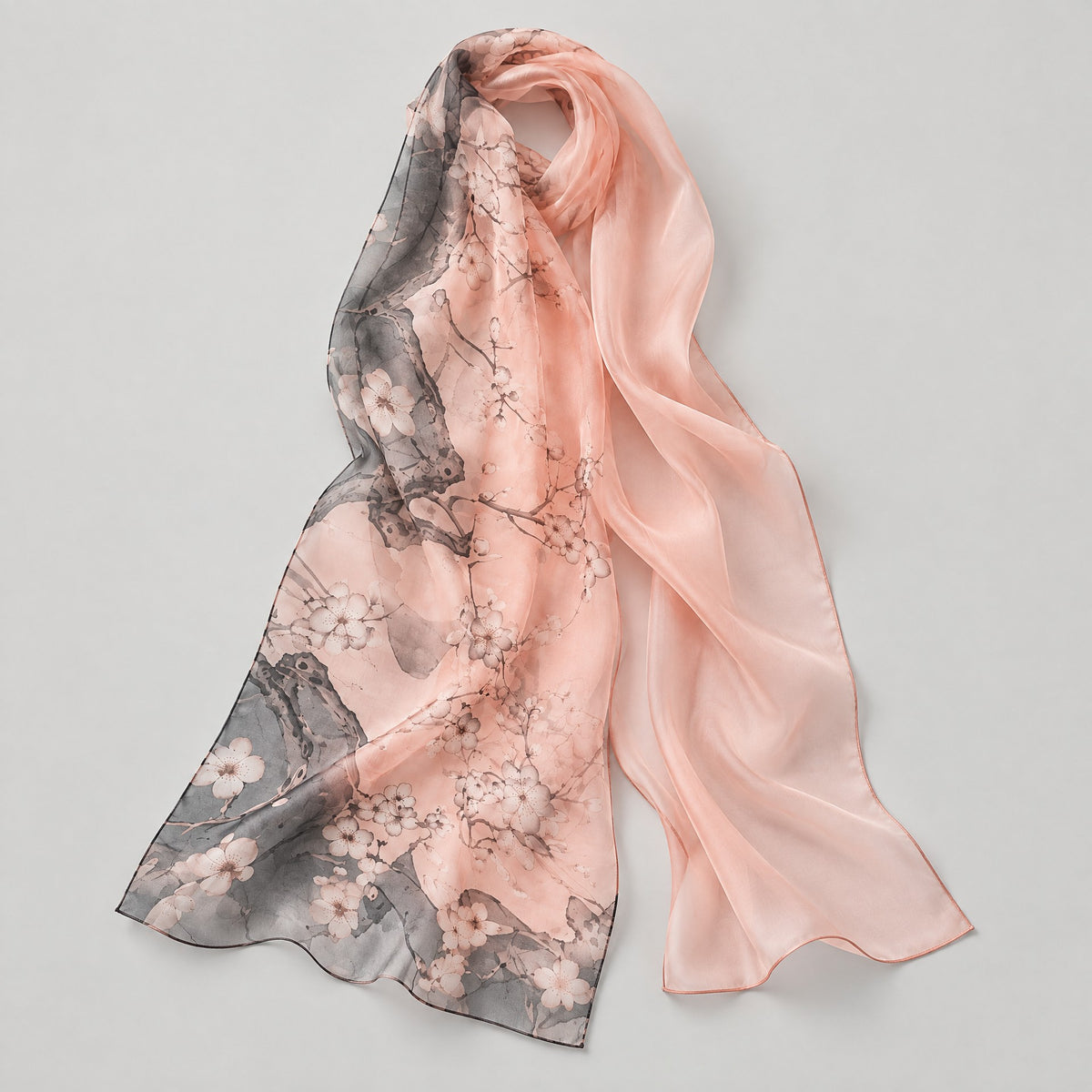 Pink Peach Blossom Branch Mulberry Silk Long Scarf – 16.5 x 63 in