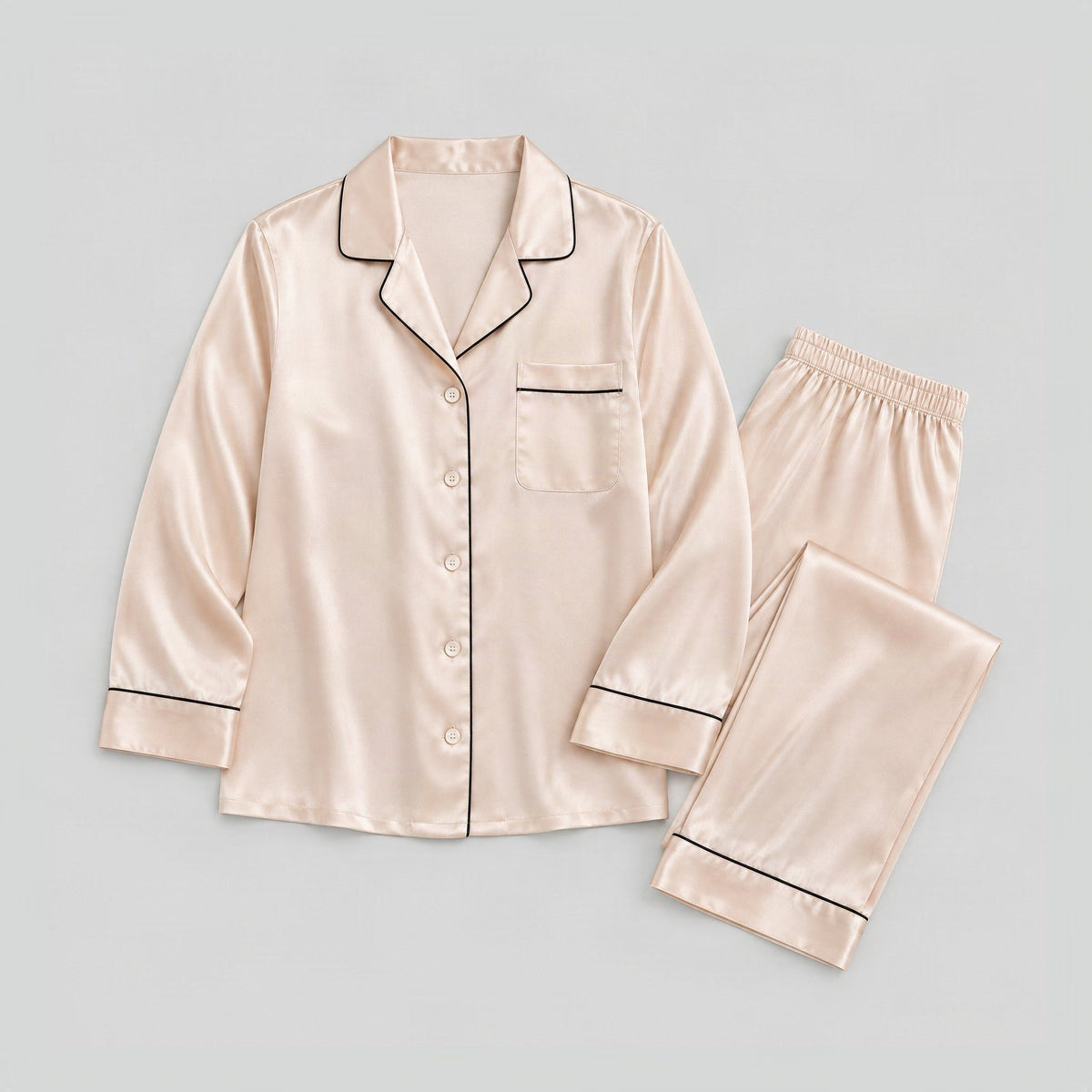 Light Apricot 16 Momme Long Sleeve 100% Mulberry Silk Pajama Set – Women's Sleepwear Loungewear