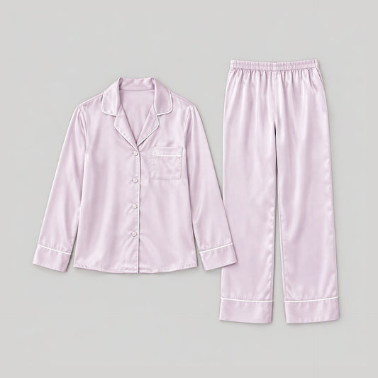 22 Momme Long Sleeve 100% Mulberry Silk Pajama Set – Button-Up with Contrast Piping