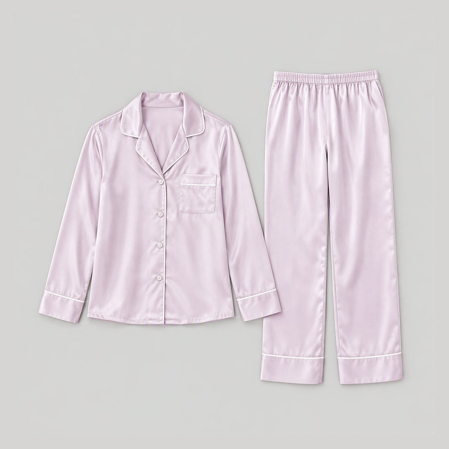 22 Momme Long Sleeve 100% Mulberry Silk Pajama Set – Button-Up with Contrast Piping