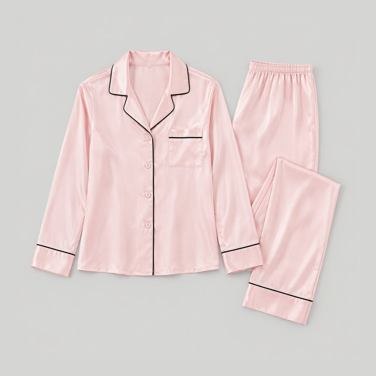 19 Momme Long Sleeve 100% Mulberry Silk Pajama Set – Button-Up with Contrast Piping