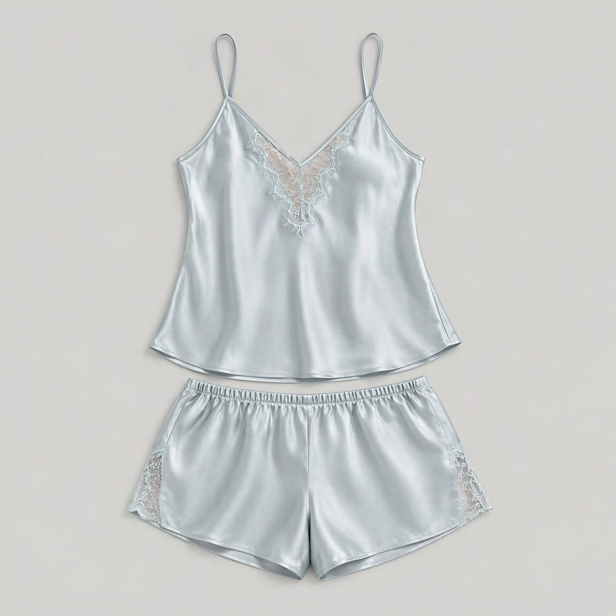 Mulberry silk pajama set laid flat, full garment view