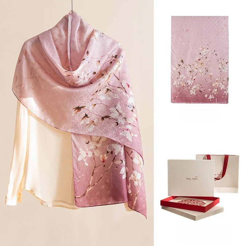 Square & Long 100% Mulberry Silk Scarf – Floral Print Lightweight Shawl, 34 x 34 in