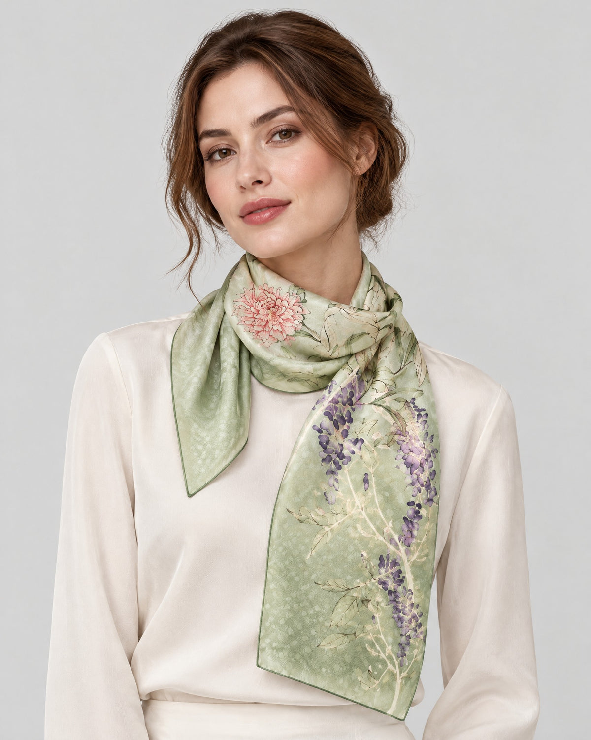 Green Peony Mulberry Silk Long Scarf – 22 x 67 in