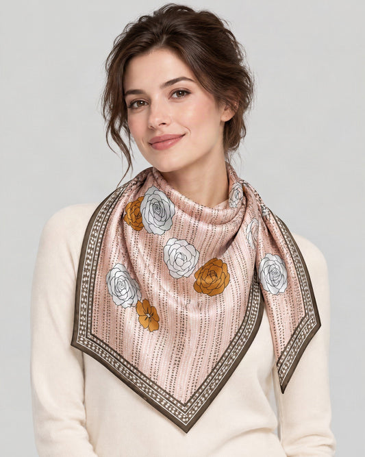 Camellia Blush Mulberry Silk Square Scarf – 27 in, worn tied at the neck over a cream top
