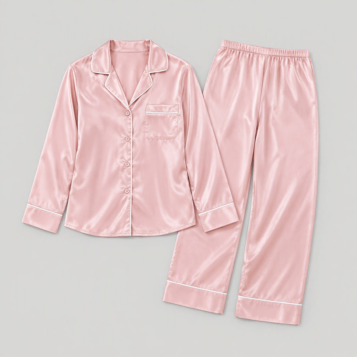 Mulberry silk pajama set laid flat, full garment view