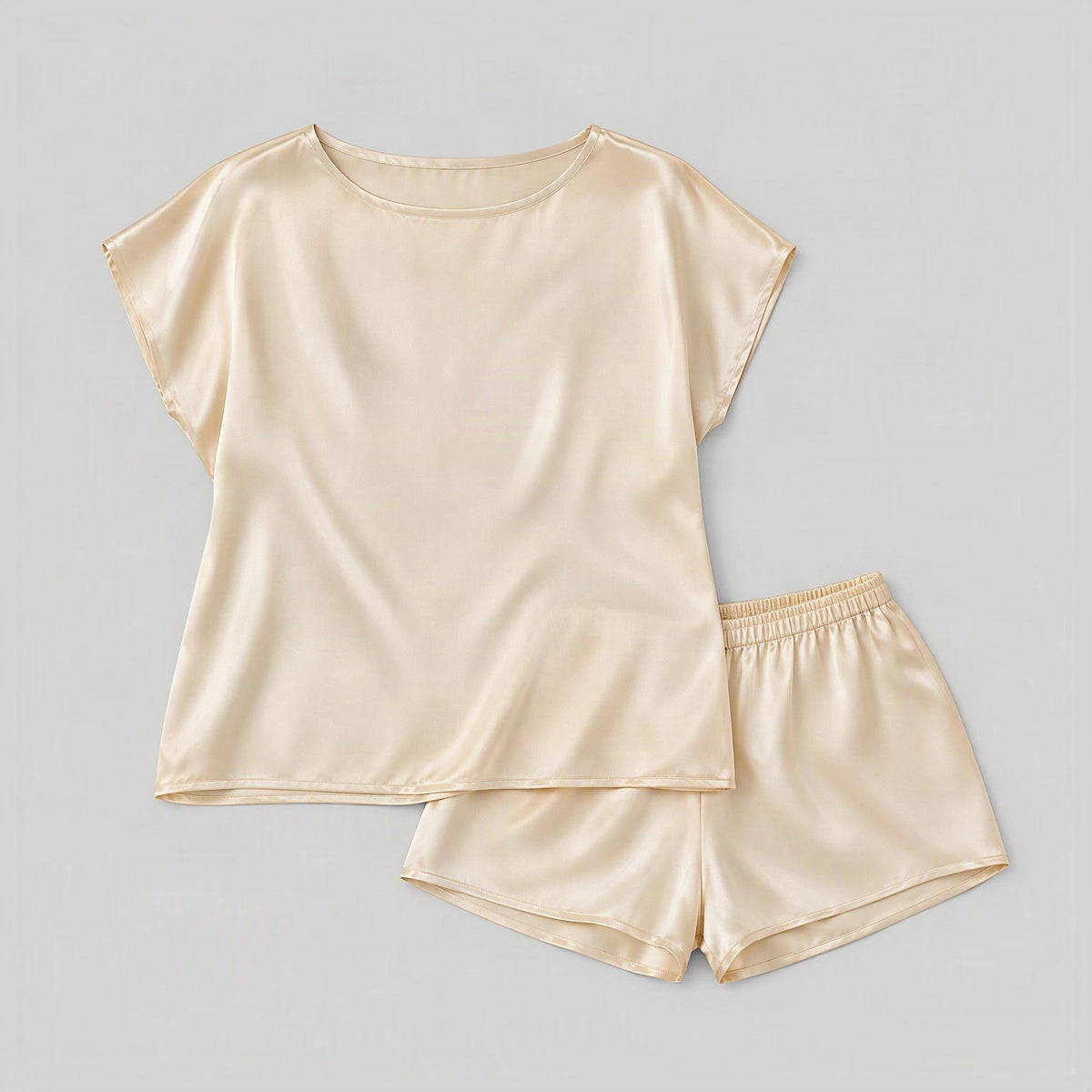 Cream Gold 19 Momme Sleeveless 100% Mulberry Silk Pajama Set – Tank & Shorts for Women