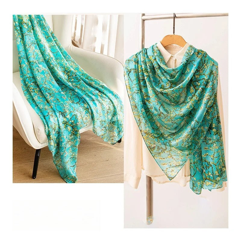 Long 100% Mulberry Silk Scarf – Printed Lightweight Shawl, 69 x 43 in